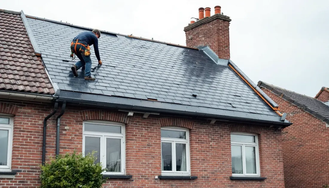 Couvreur posant des ardoises sur une toiture à Mons
